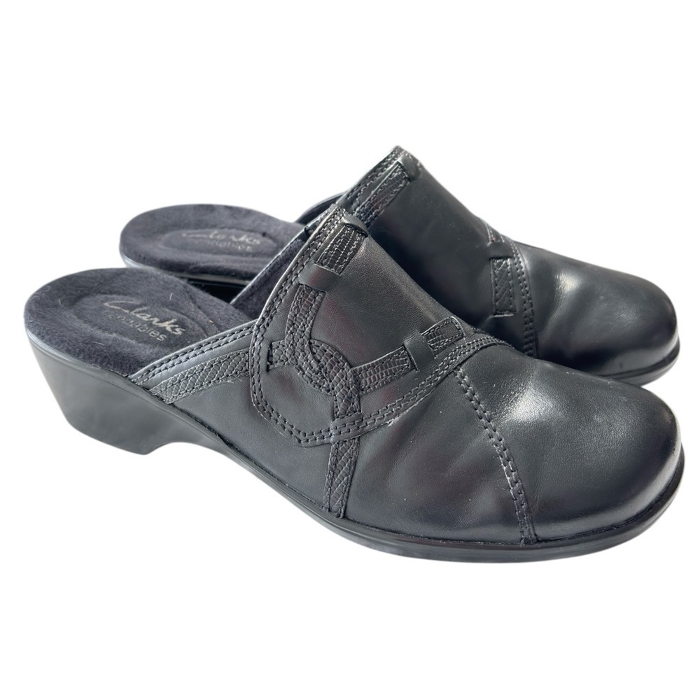 Clarks Bendables Black Leather Slip On Womens Size 7.5 Comfort Shoe Clogs Mule